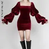 SHENGPLLAE elegant velvet dress women's srpinhg Red Lantern Sleeve square neck fashion above knee dresses female 5A1404 210427