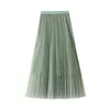 얇은 명주 그물 스커트 진주 womens faldas mujer moda 패션 탄성 하이 허리 메쉬 Tutu Maxi Pleated Long Midi Saias Jupe 210524