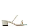 Fashion-Summer Women Sandal Pearl Strap Pantofle Chunky Obcasy Kwadratowe Toe Mule Lady Pompy Dress Party Wedding