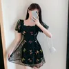 Black Sheer Mesh Flower Embroidered Dress Women Summer Elegant Fitted High Waist Floral Short Sequined Dresses Party 210529