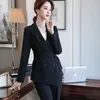 White Pants Suit Temperament Fashion High-End Buiness Formal Long Sleeve Blazer Sets Office Ladies Work Clothes Black 210604