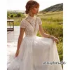 Elegante Boho Strand A-Linie Brautkleider Brautkleider Stehkragen Kurzarm Spitze Tüll Böhmisches Brautkleid 2022 Frühling Sommer Garten Outdoor Vestidos De Novia