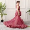 Lovely Flower Girls Dresses For Weddings Princess Jewel Long Lace Appliques Big Bow Sweep Train Little Kids Holy Pageant Dress 403