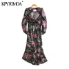 Femmes Mode avec cordon de serrage imprimé floral asymétrique robe midi à manches longues robes féminines dos nu Mujer 210420