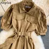 Neploe Work Style Ol Tooling Dress Women High Wiast Hip Sashes Solid Vestidos Colletto rovesciato Abito manica corta Summer Slim 210423