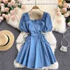 Summer Elegant Ladies Sash Tie Up Beach Dress Casual Women Square Collar Puff Sleeve Mini Denim 210430