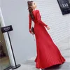 Elegant French Girl Chic V-Neck Full Sleeve Knitting Long Dresses Bright Silk Pleated Vestido Da Festa Winter 210520