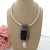 YYGEM 18" natural black stone caved Buddha Pendant White Leather Necklace White Keshi Pearl religious style for women