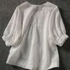 Lato Korea Moda Kobiety Latarnia Rękaw Loose Shirts Haft Bawełna Koronki O-Neck Casual Bluzki Plus Rozmiar M28 210512