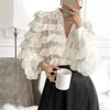 Yeni Bahar Kore Ruffles Bluz Kadınlar Down Yaka Uzun Kollu Gevşek Ağır İş Cupcake Tops OL Shiro Feminino Blusas 13336 210417
