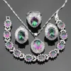 Silver Color Bridal Jewelry Sets For Women Multicolor Rainbow Crystal Necklace Pendant Bracelets Earrings Rings Free Gift Box H1022