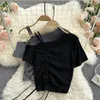 Short Top Women's Design Minority One Side Off Shoulder Sling Drawstring Pleated Sexy Open Navel Versatile Sleeve T-shirt