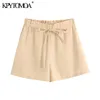 Kvinnor chic mode med dragsko shorts vintage elastiska midja sidofickor kvinnliga korta byxor pantaloner mujer 210416