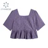 Kardigan Koszulki Bluzki Damskie Z Krótkim Rękawem Lato Hem Plisowane Retro Purple Topy Rok Leisure Ulzzang Square Collar Blusas 210417