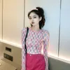 Yedinas lange mouwen crop top vrouwen koreaanse stijl t-shirt sexy tops harajuku vintage zomer roze t-shirt mode gedrukt Tee 210527