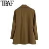TRAF, chaqueta de lino plisada con un solo botón a la moda para mujer, abrigo Vintage con cuello entallado, ropa de abrigo femenina de manga larga, Top elegante 210415