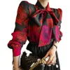 Korea Frauen Mode Bowknot Chiffon Bluse Langarm Rose Gedruckt Blusen OL Arbeit Tragen Casual Hemd Blusas 210519