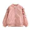 Autumn Spring 3 4 5 6 8 10 12 Years Embroidery Flower Floral Mandarin Collar Pearl Zipper Loose Jacket For Baby Kids Girls 210701