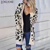 LOGAMI Lange Leopard Strickjacke Damen Ärmel Herbst Winter Pullover Mode Frauen Mantel 210914