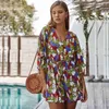women summer Rompers&Playsuits Florals Print Short Sleeves Straight High Waist Loose Women's playSuit bohe beach wearing 210524