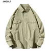 Spring Autumn New Men Shirt Korean Fashion Long Sleeve Mulit Pockets Khaki Black White Yellow Pink Couple Social Cargo Shirts 210412