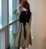 İlkbahar Sonbahar Kadın Elbise Zarif Artı Boyutu Uzun Kollu Örme Patchwork Dantel Yukarı Sahte Iki Parçalı Dreses Korece Oymak 210518