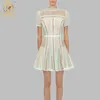 Arrival Summer Dress High Quality Self Portrait Runway Hollow Short Sleeve Mint Green Lace Vestidos 210520