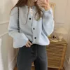 Oversize Women's Sweaters Autumn Winter sweater Vintage buttons O Neck Cardigans Single Breasted Puff Sleeve Loose Cardigan 210914