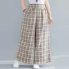 Femmes taille haute jambe large pantalon nouveauté printemps Simple Style Vintage Plaid femme coton lin pantalon décontracté S3380 210412