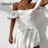 Sexy Backless Cruz Lace Up White Dress Mulheres Ruched Plissado Verão Vestido Vintage Polka Dot Curto Dress Beach Vestidos 210415