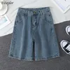 Fitaylor zomer vrouwen hoge taille blauw breed been denim shorts casual vrouwelijke solide streetwear stright jeans bermuda shorts 210611