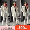 Spring Blazer + Pant Deux Peties Set Femmes Costumes à double boutonnage Pantalon de taille haute 210421