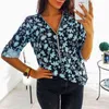 Moda Fit Fermuar V Yaka Gömlek S-5XL Artı Boyutu Tops Iş Kadın Bluzlar Pamuk Vintage Çiçek Baskı Gömlek Nokta Mujer Blusas 210721