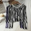 Korobov Fashion Zebra Pattern Women Knit Pullovers Korean Elegant Office Lady Sweaters Vintage O Neck Hit Color Sueter Mujer 210430