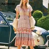 Estate stampa floreale Boho Flare manica corta Beach abito pieghettato con scollo a V Lady abiti lunghi vintage Vestidos Mujer 210413