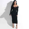 Sibybo Winter Ribbed Gebreide Katoenen Jurk Dames Off Schouder Lange Mouw Sexy Bodycon Jurken Elastische Slanke Partij Vestidos 2021 G1214