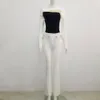 Free Fashion Ladies Bandage Set Sexy Stand Collar Long Sleeve Hollow Color Block Mesh Top & Flared Pants Two-piece 210524