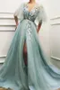 2021 Sexy Turquoise Mint African Evening Dresses Wear Deep V neck High Split Tulle Prom Dress Hand Made Flowers Beads Formal Party Gowns