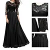 Stitching Lace Hollow Women Dress Pleated Large Hem O Neck 3/4 Sleeve A-Line Long Dress Ladies Clothing Party dresses Black xxl Y1006