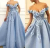 Elegant Off Shoulder Light Sky Blue Evening Dresses Sexy Backless 2022 Pearls 3D Flowers Floor Length Formal Party Prom Gowns