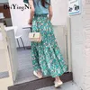 Summer Pleated Chiffon Skirts Womans Floral Printed Vintage Casual Cute High Waist Skirt Midi Kpop Harajuku Saias 210506