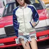 PERHAPS U Women Outwear Bomber Jacket Zipper Pocket Sport Side-Stripe White Blue C0002 210529