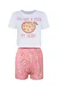 Omsj 2020 Kobiety Dwuczęściowe Zestaw Lato Krótki Rękaw Crop Top I Spodenki Pizza Wzór Drukuj Dopasowany garnitur Lady Lounge Outfits Y0702