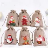 Jul Burlap Linne Drawstring Bag Present Wraps Santa Claus Snögubbe Penguin Elk Candy Smycken Förpackning Presentförvaring Väskor Xmas Favoriter Dekoration