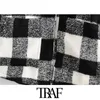 TRAF mulheres vintage bolsos elegantes xadrez solto casaco de lã casaco moda colar de lapela manga comprida feminina outerwear chique tops 210415