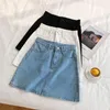 Saias Harajuku Mulheres da cintura alta saia de jeans azul de verão feminino streetwear y2k doce aluno fofo saco de bolsa selvagem simples, mini-line mini