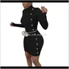 カジュアルレディース服アパレルドロップデリバリー2021セクシースリムミニニット女性秋のハイネック長袖ボタン装飾腰のドレススキニーレディ