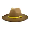 Gradiente Fedora chapéu para mulheres outono inverno homens moda borda larga jazz chapéus com cinto de couro amarelo casual lã roll