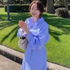 Nomikuma chique camisa listrada vestido mulheres giram colarinho vestidos de manga comprida estilo coreano elegante temperamento vestidos 210514