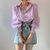 Ezgaga Ofis Lady Gömlek Kore Chic Moda Turn-down Yaka Gevşek Uzun Fener Kol Mor Kadın Zarif Sonbahar Gömlek Tops 210430